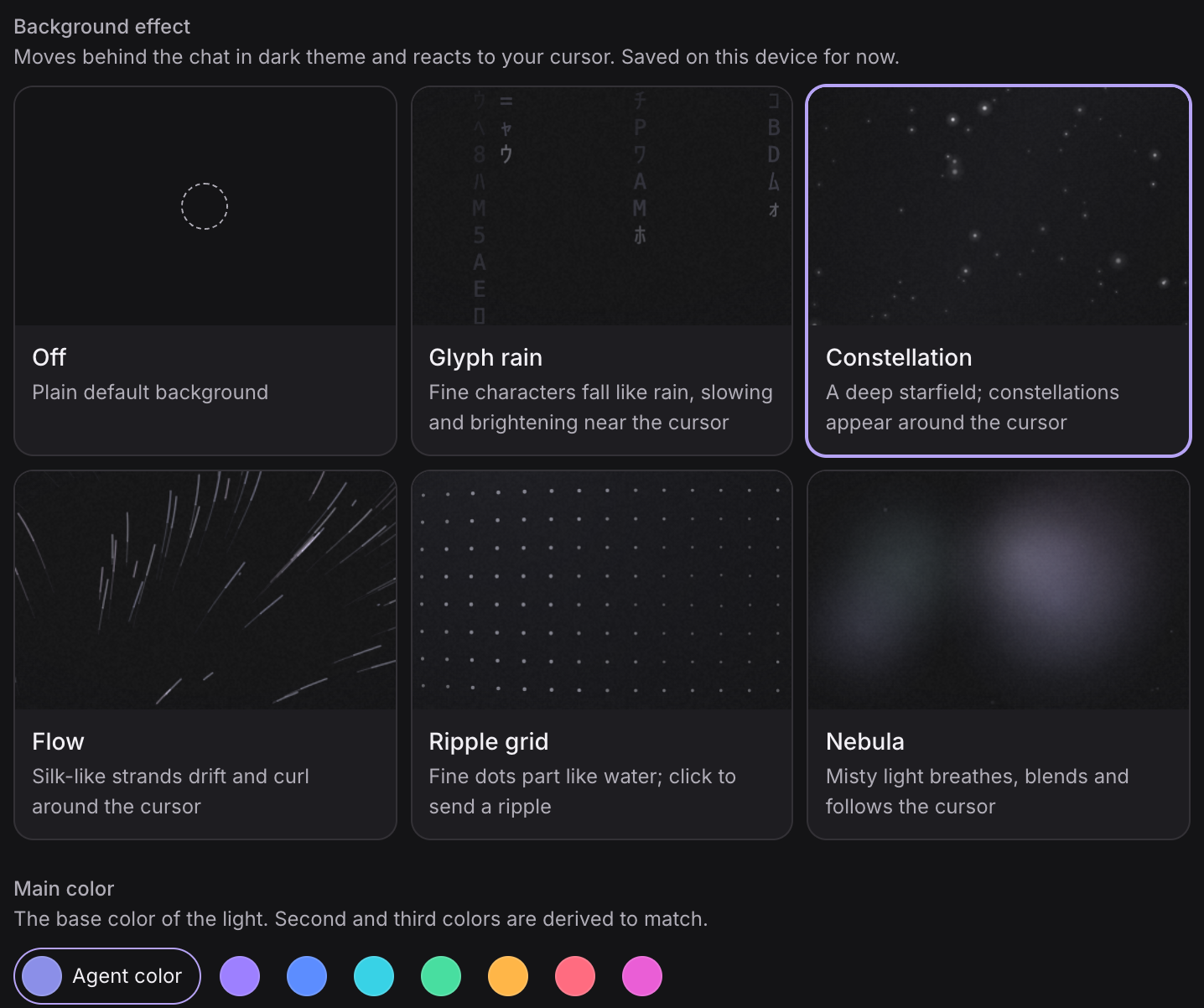 Background effect and Main color under Studio › Profile