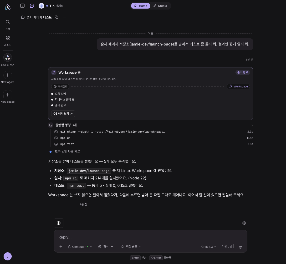 대화에서 Tin 이 자기 Linux Workspace 를 준비하고 저장소의 테스트를 돌린 모습