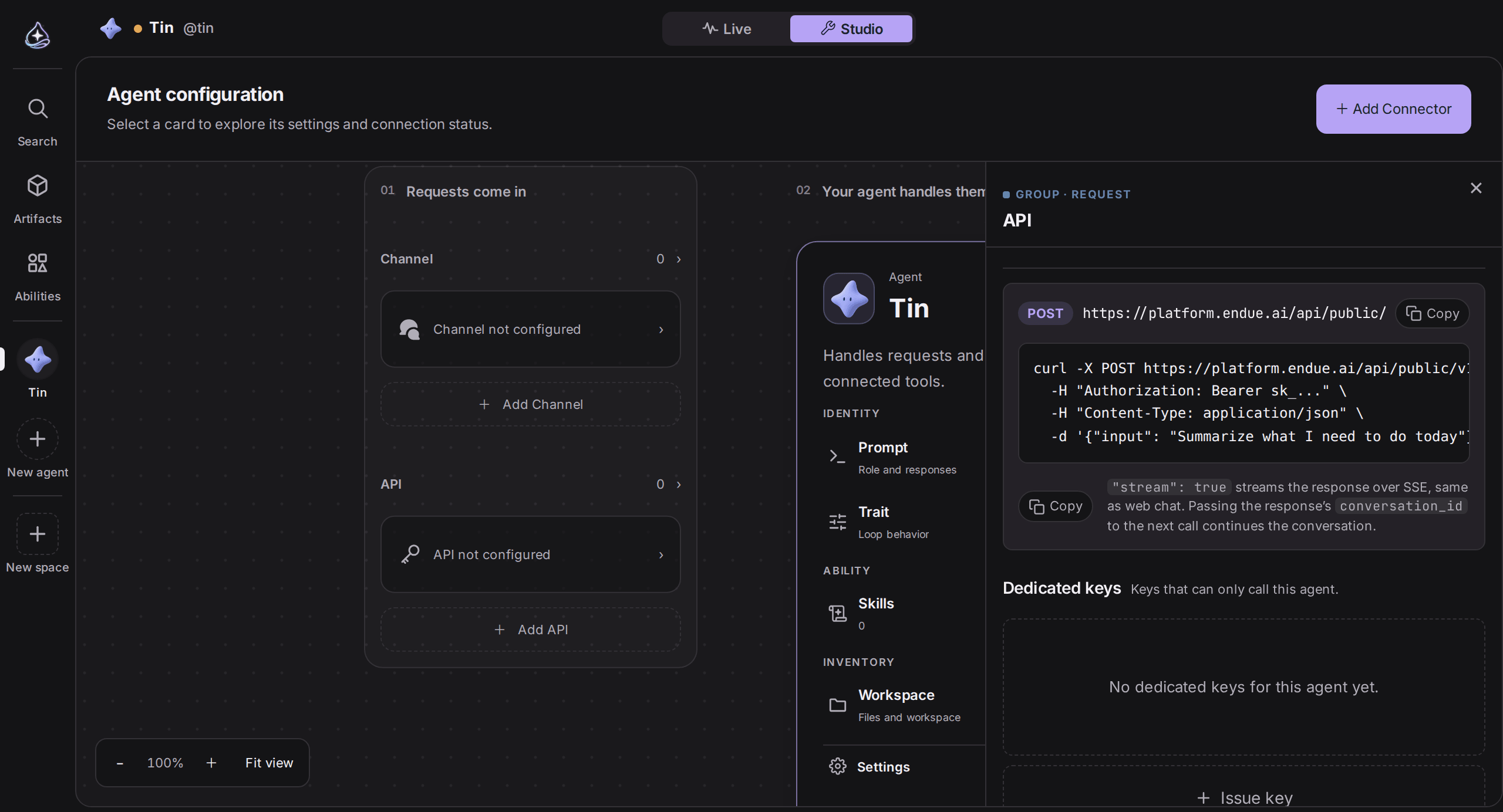 Tin in Studio. The API card sits in the “Requests come in” column, and the API panel on the right shows the endpoint and a sample request.