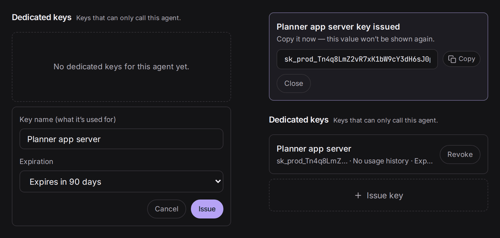 On the left, the key form with “Planner app server” as the name and “Expires in 90 days” selected. On the right, the moment after issuing: the key is shown once, and “Planner app server” appears in the list of dedicated keys.
