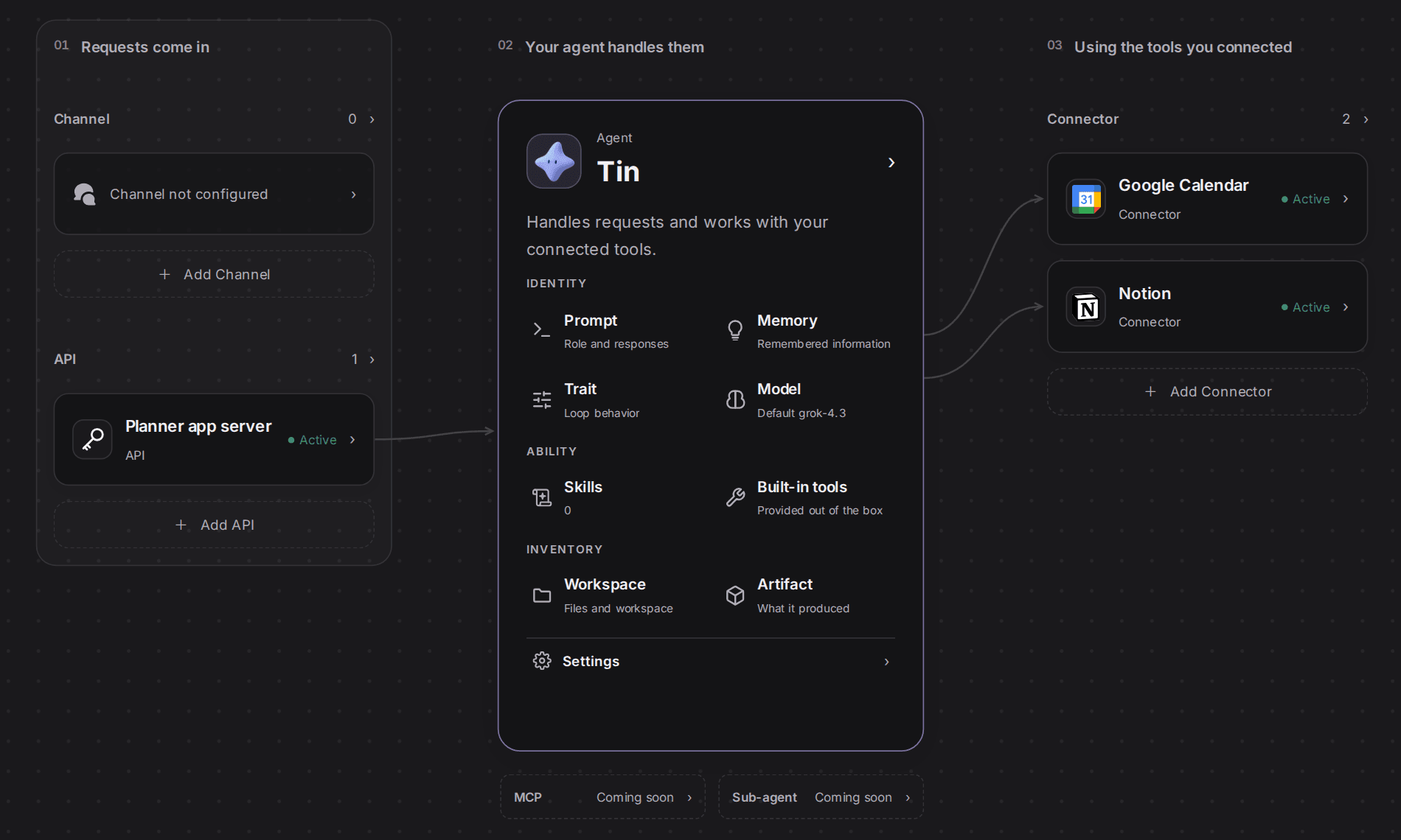 Studio’s configuration view after issuing the key. The “Planner app server” key sits in the API column as Active, and the connectors Tin uses are on the right.