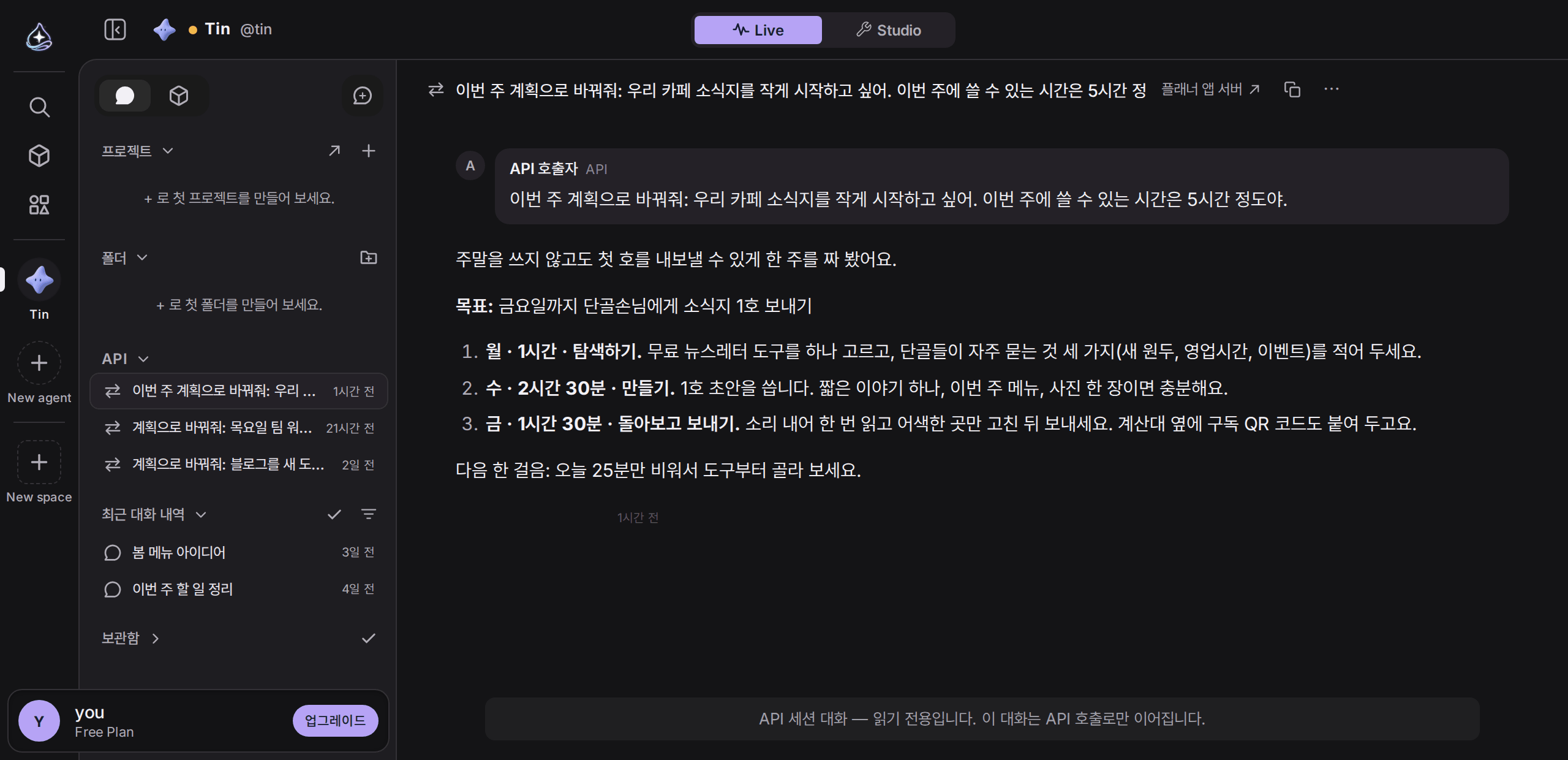 Tin 의 API 대화. 사이드바 API 묶음에 세션 세 개가 있고, 본문에는 API 호출자의 요청과 Tin 의 주간 계획이 보인다. 제목 옆에 “플래너 앱 서버” 키 이름이 표시된다.