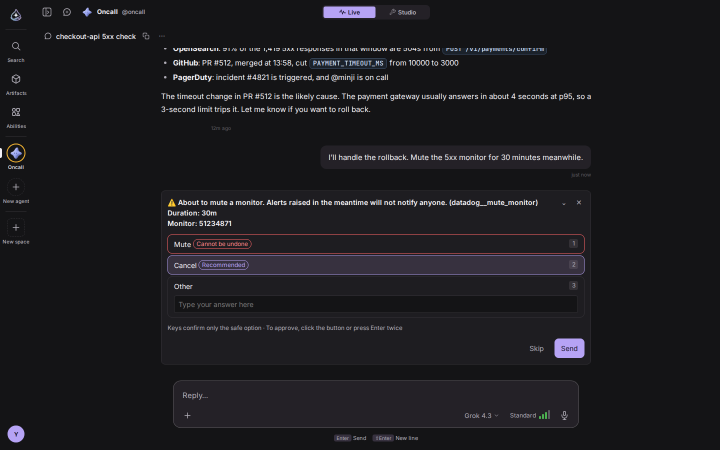 An approval card for muting a Datadog monitor. It shows the 30m duration and the target monitor, with Cancel selected by default.
