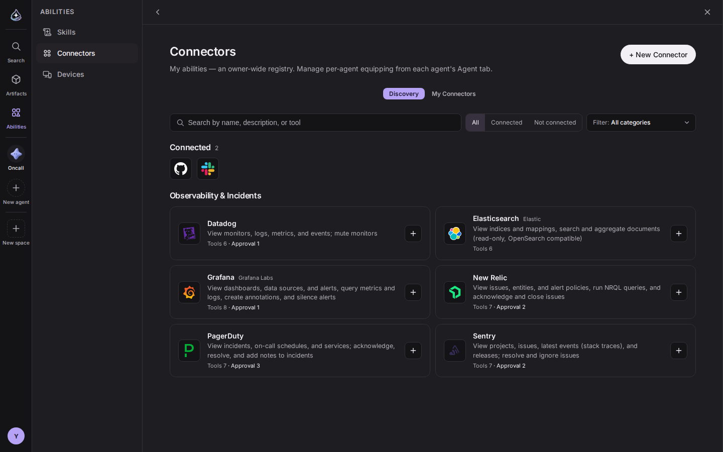 The Observability & Incidents group in the Discovery tab. Datadog, Elasticsearch, Grafana, New Relic, PagerDuty, and Sentry, each with its tool count and how many tools need approval.