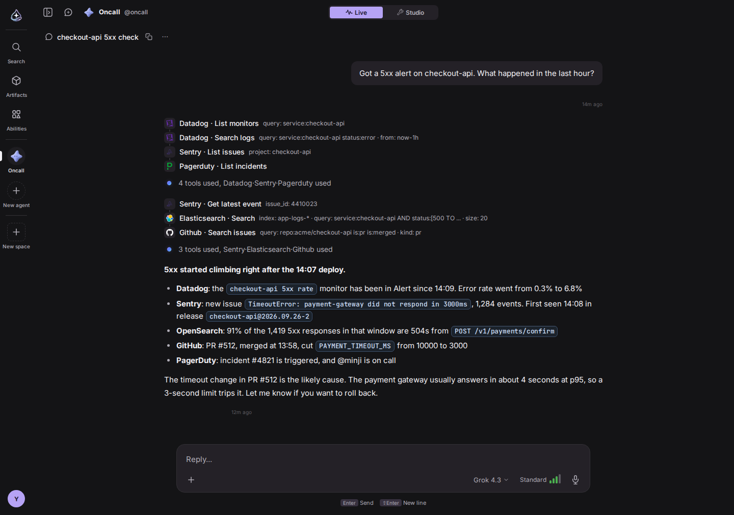 The chat view. Below two rounds of tool calls, a summary says 5xx rose right after the 14:07 deploy, with evidence from each tool.