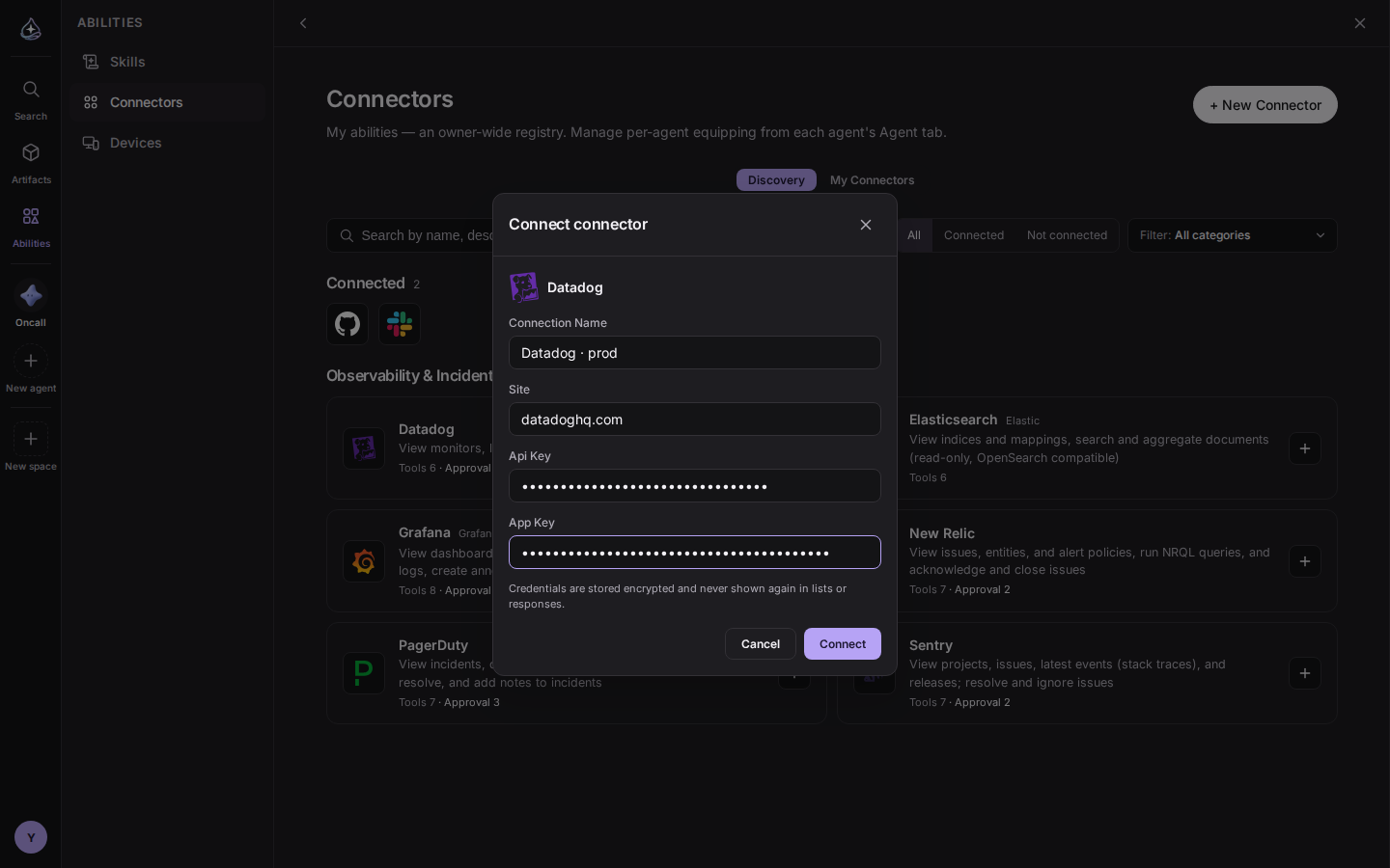 The Datadog connection form. Four fields: connection name, site, API key, and app key.