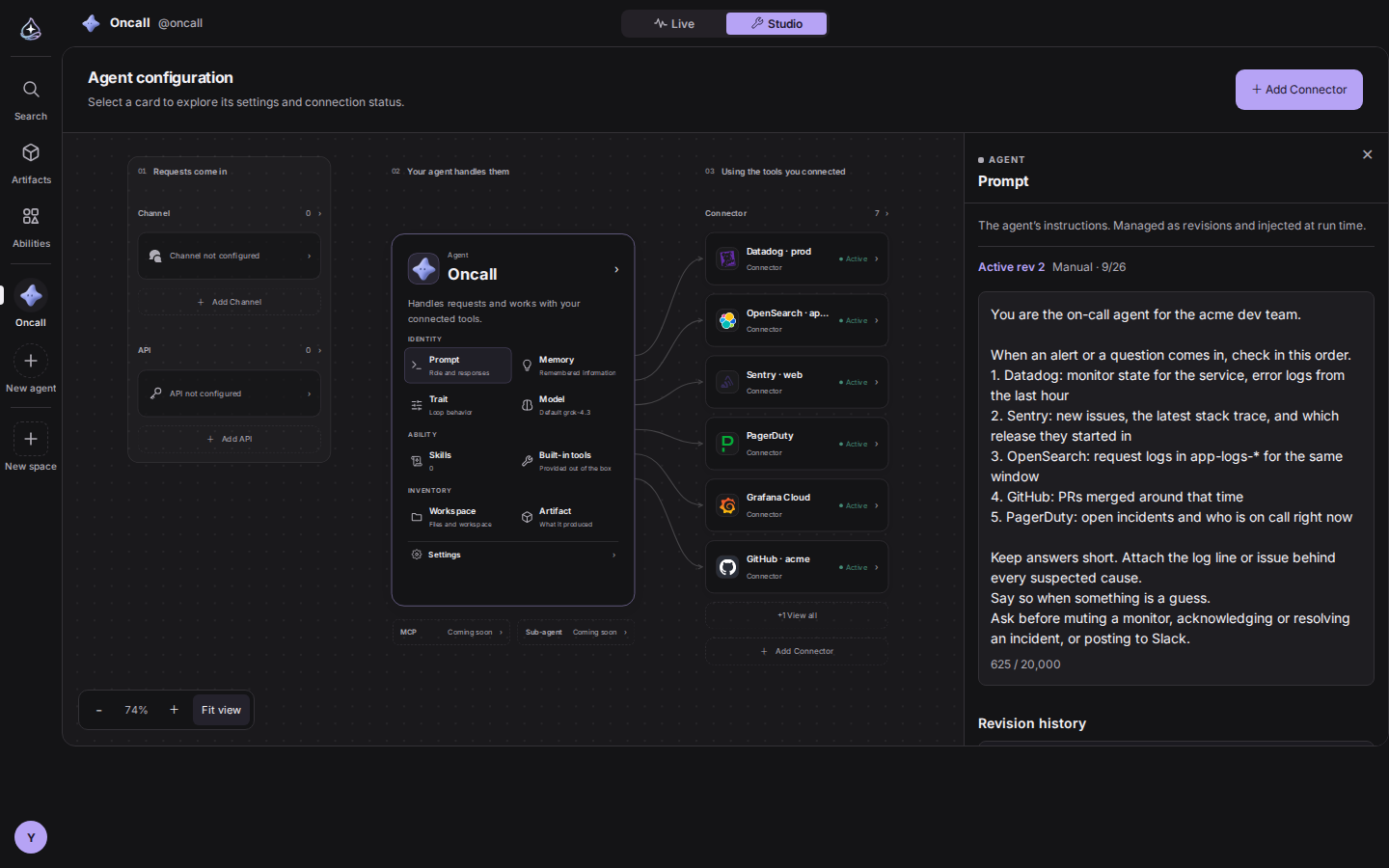 The prompt editor. Every save is kept as a revision.