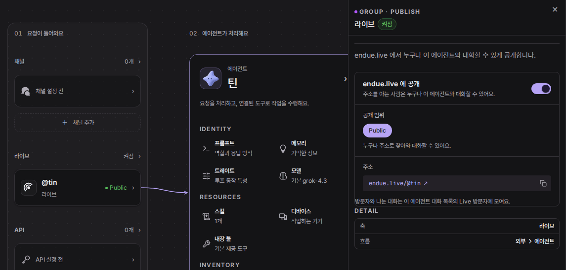 Tin 의 스튜디오. “01 요청이 들어와요” 칸의 라이브 그룹이 켜짐 상태로 @tin 카드를 보여 주고, 오른쪽 라이브 패널에는 켜진 “endue.live 에 공개” 스위치, 공개 범위 Public, 주소 endue.live/@tin 이 있다.