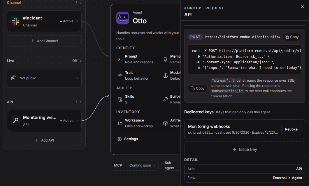 The API panel. Under the endpoint https://platform.endue.ai/api/public/v1/agents/…/invoke and a curl sample, the dedicated key “Monitoring webhooks” is listed with its last-used time and expiry date.