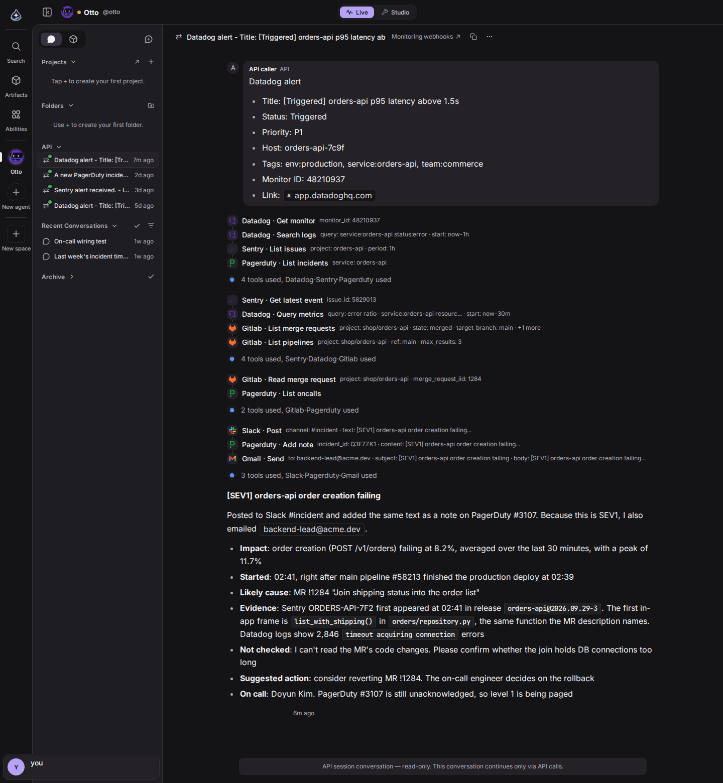 The API session view. The sidebar’s API group lists four runs started by webhooks. The main pane shows the Datadog alert, four rounds of tool calls (Datadog, Sentry, PagerDuty → Sentry, Datadog, GitLab → GitLab, PagerDuty → Slack, PagerDuty, Gmail) and the SEV1 report. The key name “Monitoring webhooks” appears next to the title.