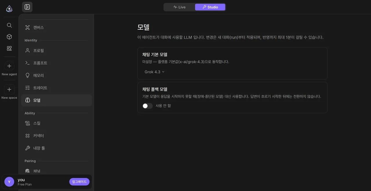 모델 섹션 — 지정하지 않으면 플랫폼 기본값으로 내려가는 기본 채팅 모델과, 꺼져 있는 별도의 폴백 모델 스위치.
