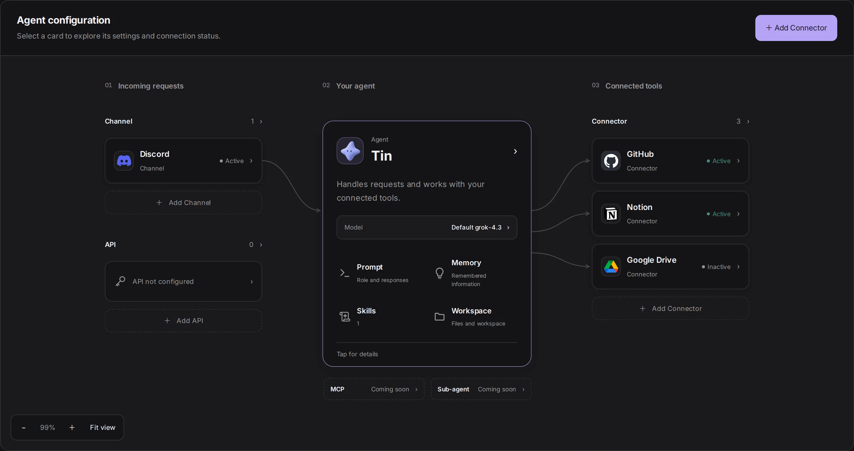 Endue Studio: incoming channels on the left, agent configuration in the center, connected tools on the right